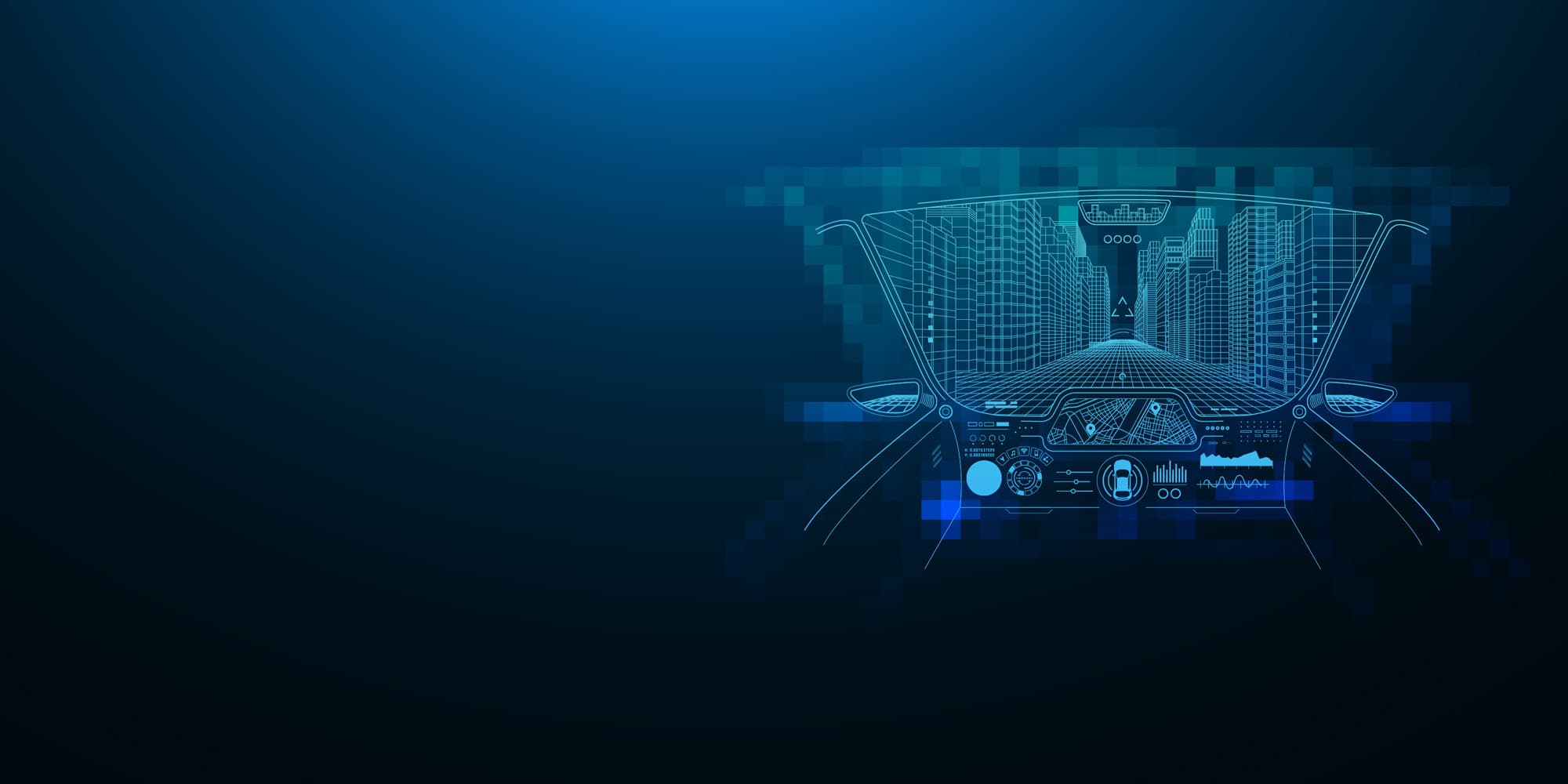 Sit%20back%20and%20enjoy%20the%20ride Futuristic car dashboard with a digital cityscape on the windshield