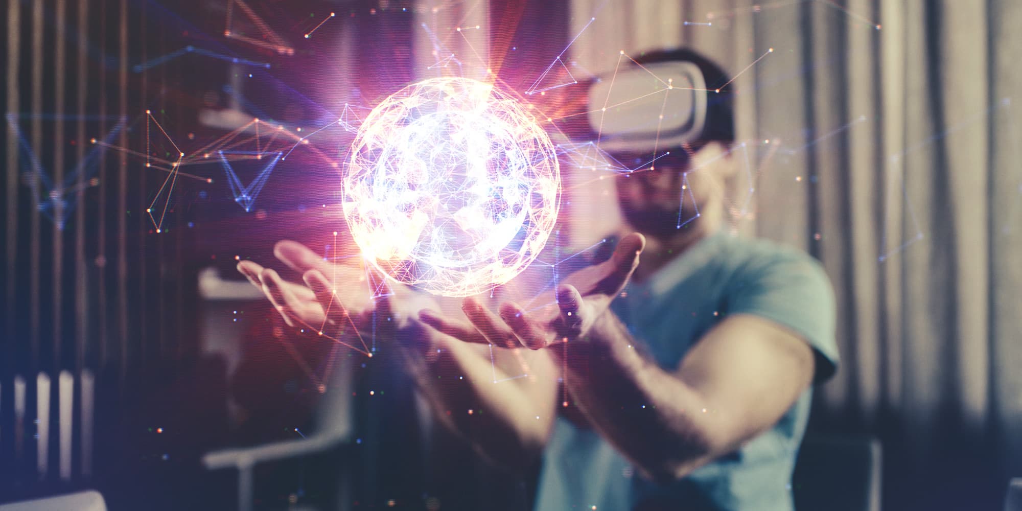 Smarter-consumer-electronics Person wearing a VR headset reaching toward a glowing digital sphere with connected network lines