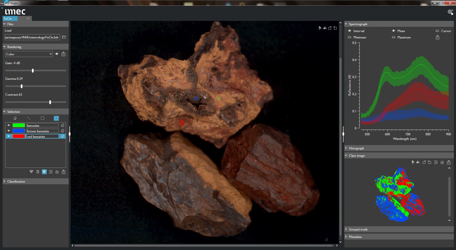 SNAPSCAN_VNIR_range_hyperspectral_imaging_of_iron_ore_minerals_1 Hyperspectral imaging software showing three iron ore mineral samples with a spectral graph and classified color map