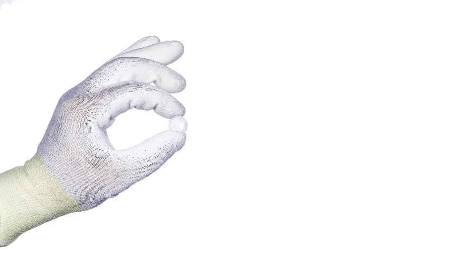 Solid-state-batteries_0 Gloved hand making an OK gesture on a white background