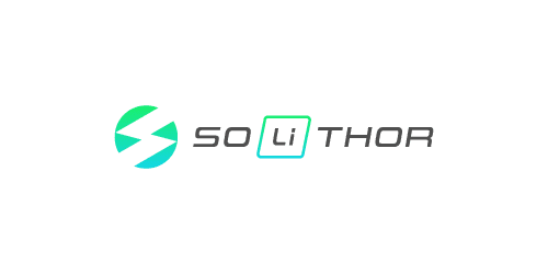 Solithor SOLiTHOR logo on a black background with a turquoise and green emblem and gray wordmark