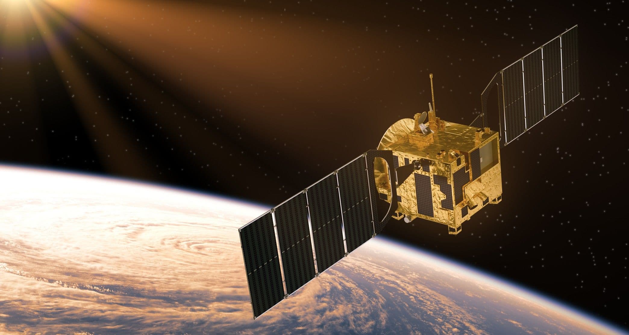 Space%20custom%20components Gold satellite with extended solar panels orbiting above Earth