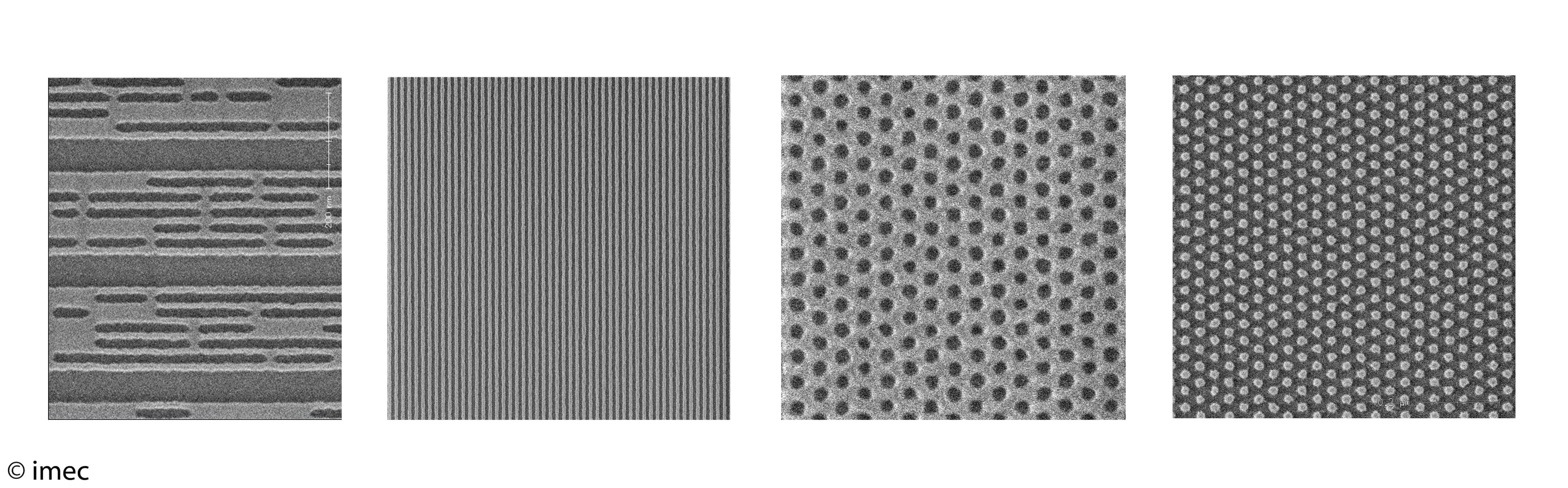 SPIE-EUV_0 EUV lithography patterns showing dense metal lines and contact-hole arrays on a semiconductor wafer