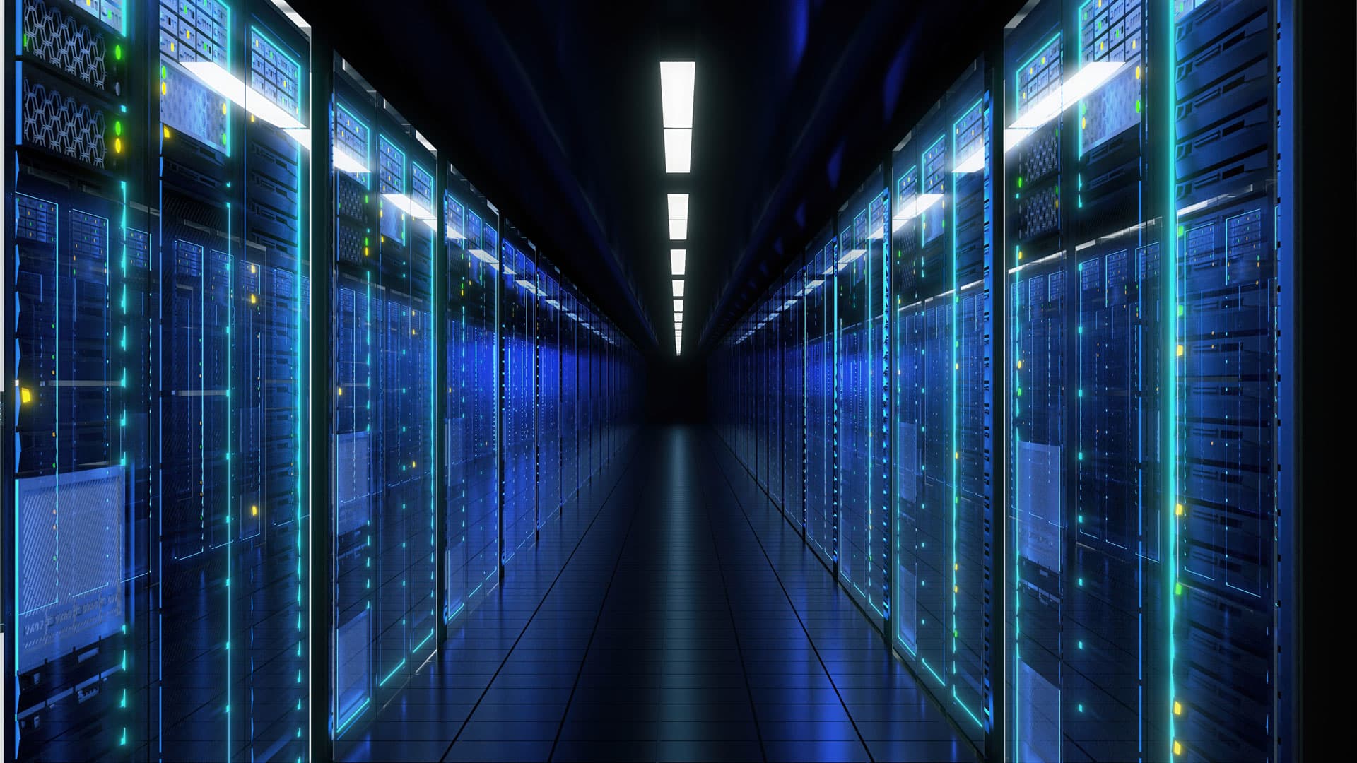 Superconducting-computing-datacenters Futuristic data center corridor lined with glowing server racks