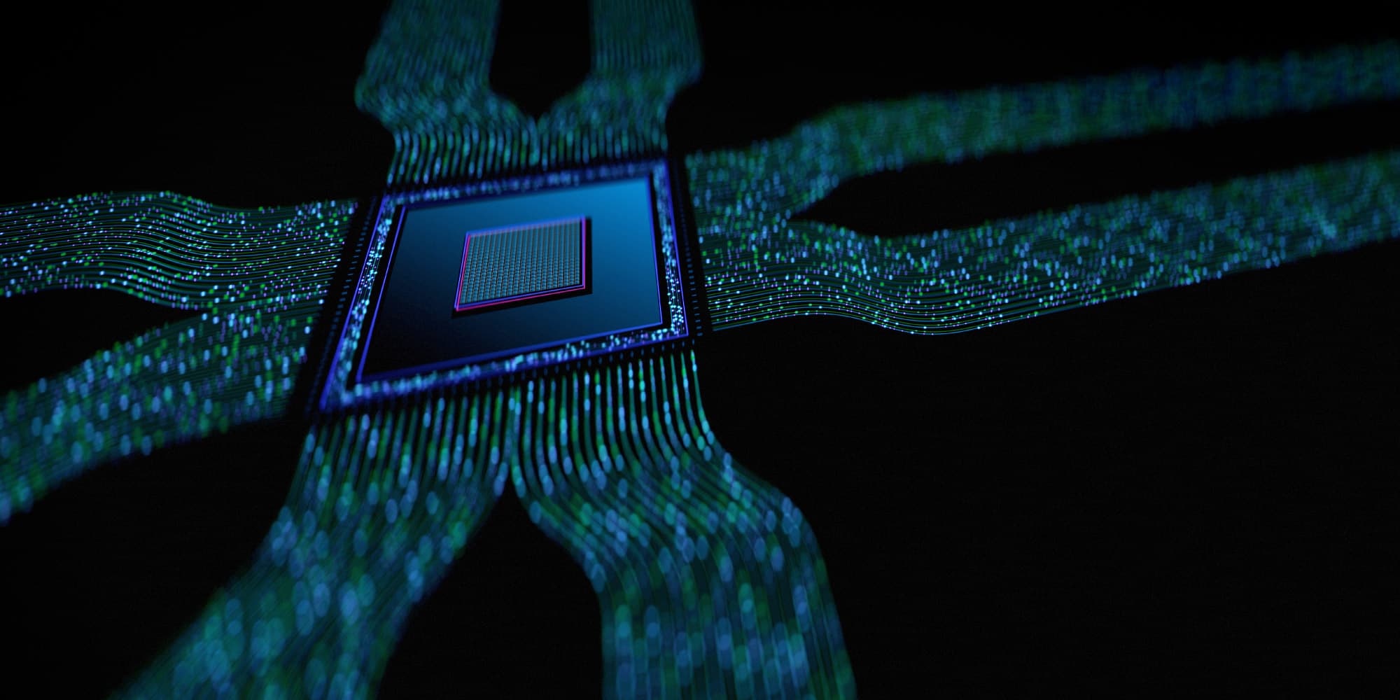 Superconducting-computing Stylized microchip with glowing circuitry against a dark background