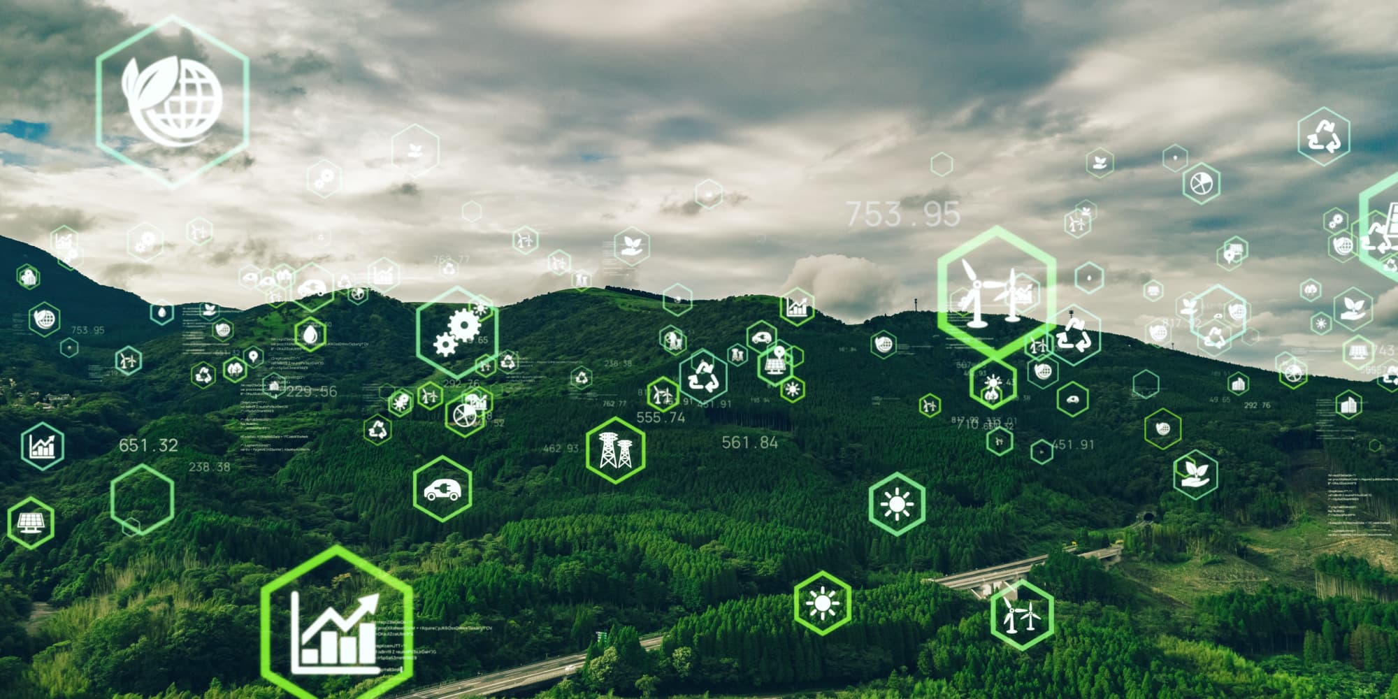 Sustainable-energy-and-power-technologies Forest landscape with floating green energy icons, wind turbines, solar panels, and recycling symbols