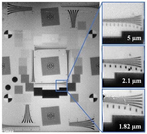 SWIR test image comparing pixel pitch detail SWIR test image showing sharper detail at 1.82 µm pixel pitch compared with 2.1 and 5 µm