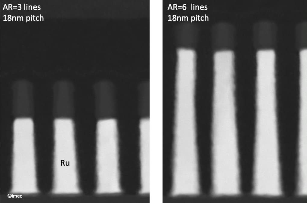 TEM%20of%20Ru%20lines Cross-sectional TEM showing Ru lines at 18 nm pitch, with AR=3 on the left and AR=6 on the right