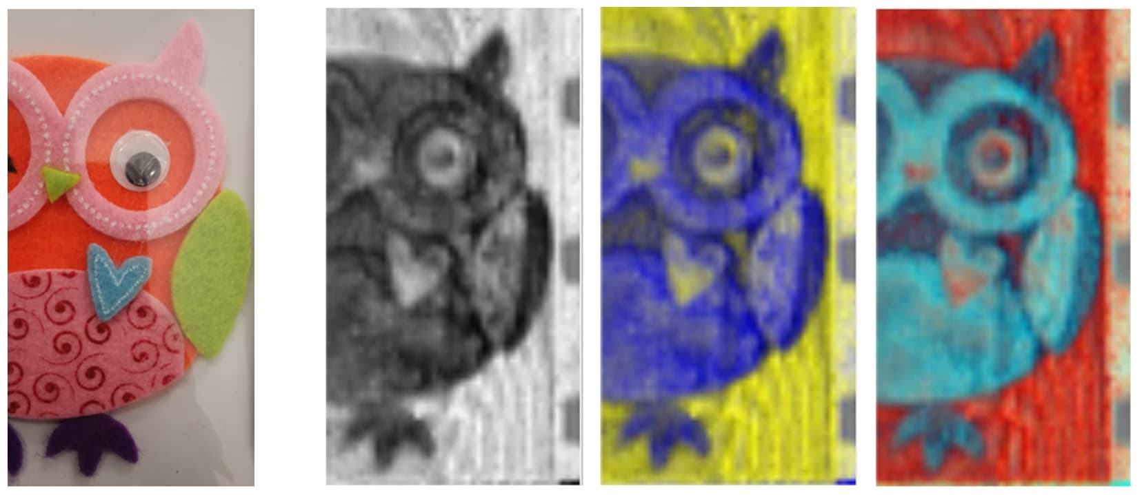 Terahertz_imec Owl craft shown in visible light and three THz camera views through paper