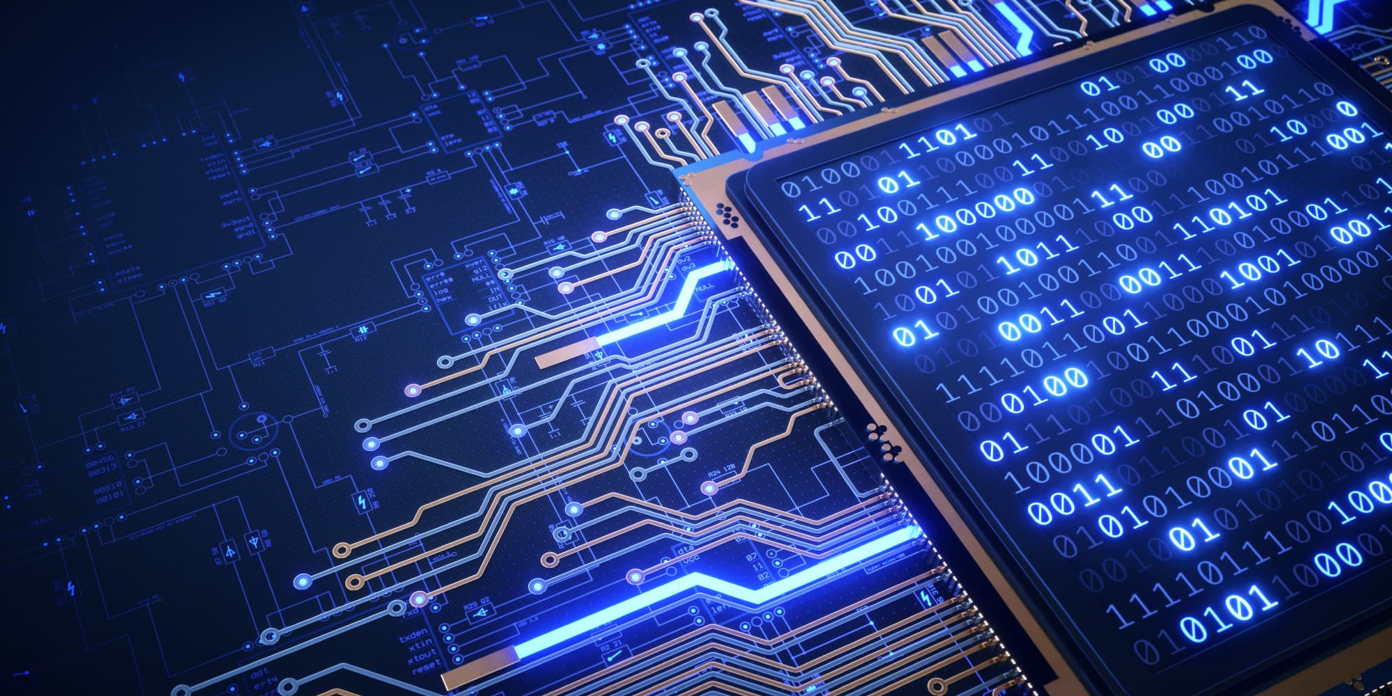 the-history-and-future-of-dram-architectures-in-different-application-domains-an-analysis Stylized computer chip over a glowing circuit board with binary digits