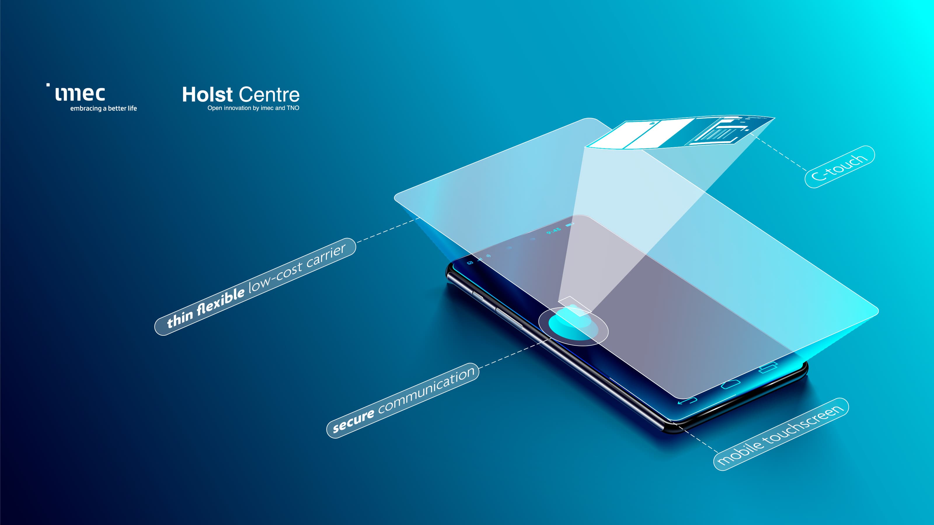 thinfilm_visual_final_1 Transparent flexible tag over a smartphone touchscreen, with labels for thin flexible carrier, secure communication and mobile touchscreen
