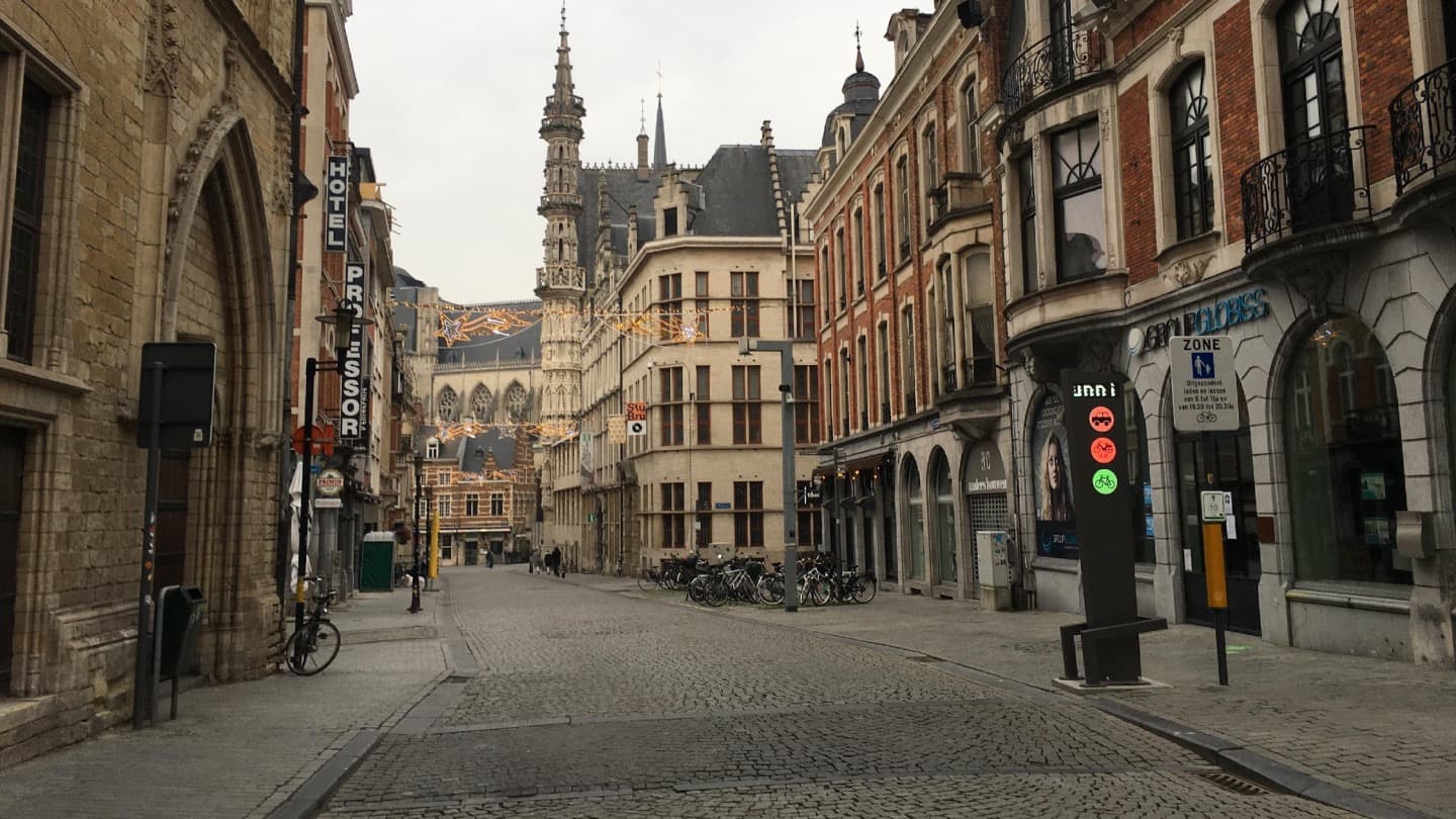 Tokenproject_Joris%20Finck Lege kasseienstraat in Leuven met historische gebouwen en een kerktoren op de achtergrond