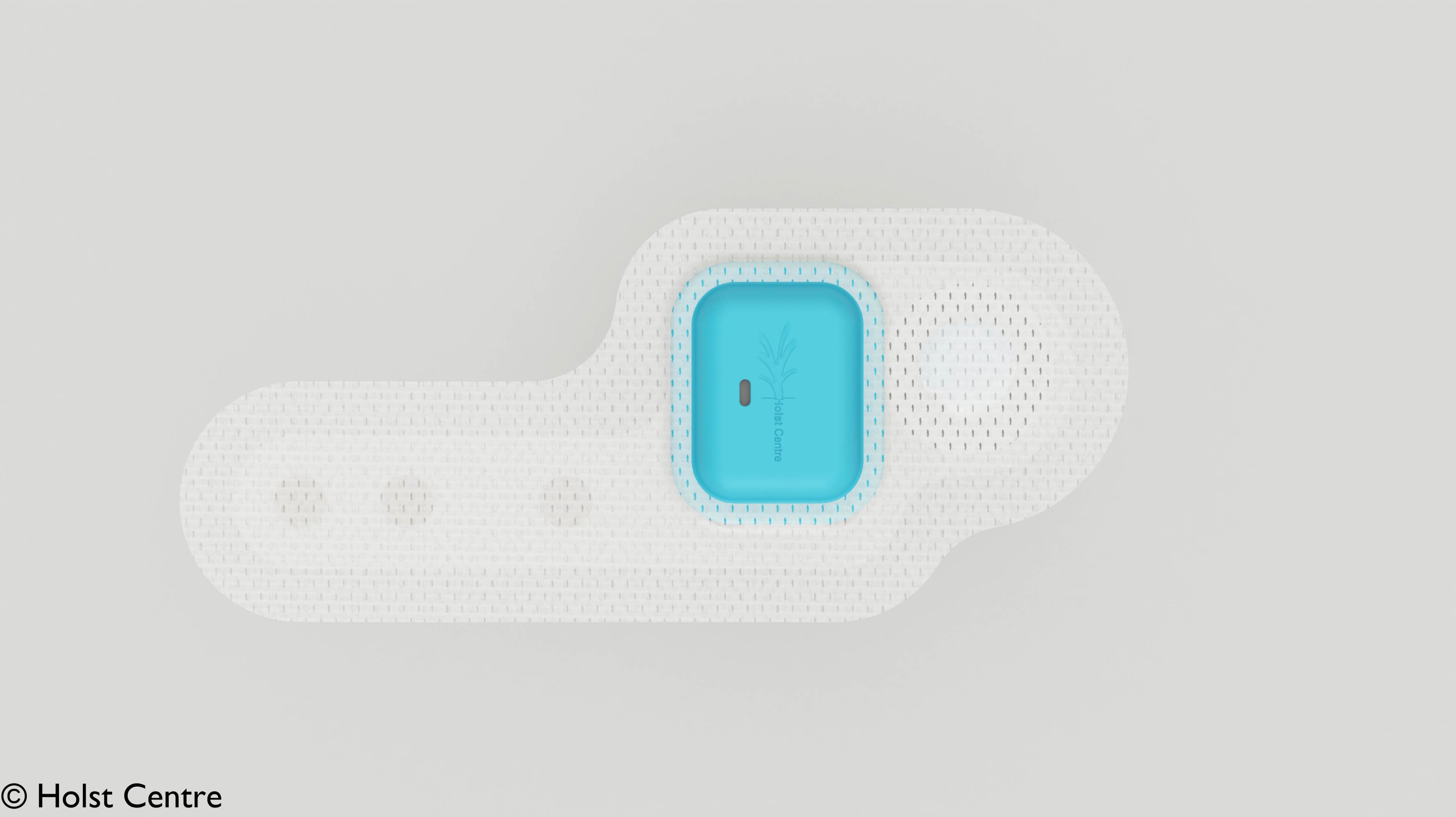 Top_view_complete_patch_1 Disposable health patch with a blue central sensor module and white adhesive backing