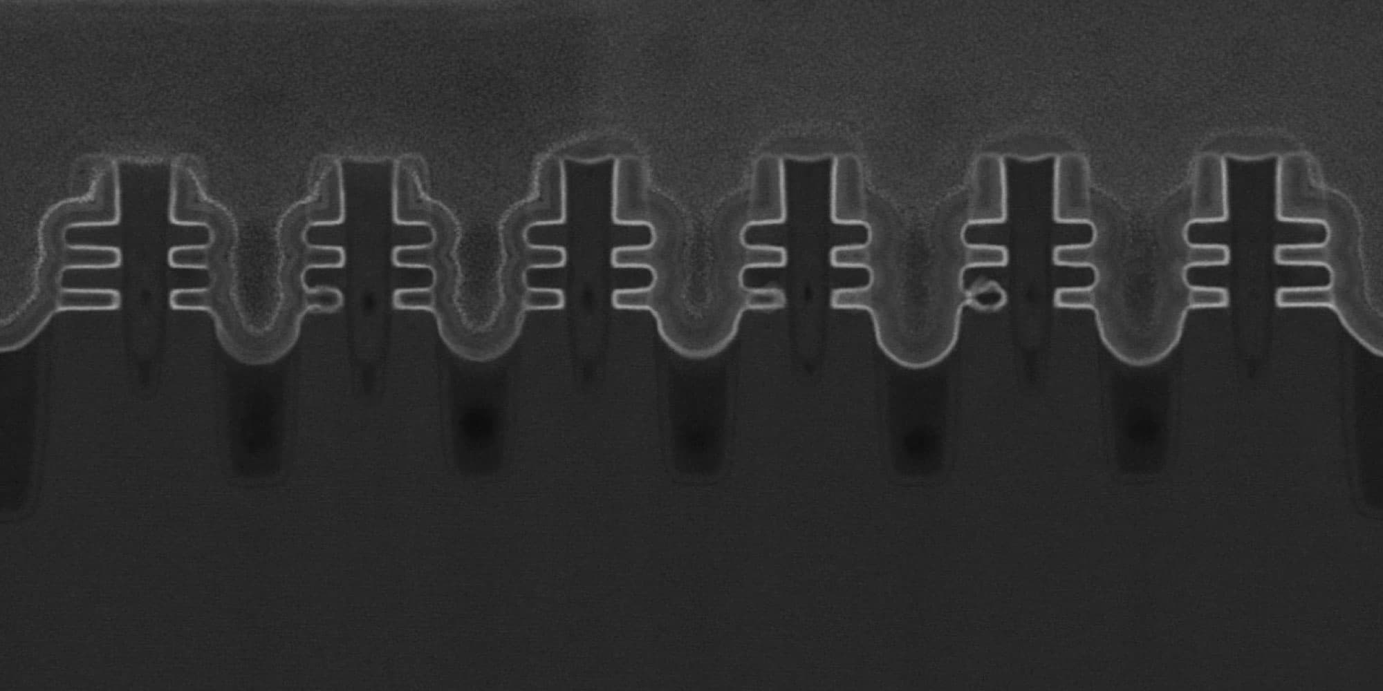 transistor Microscope view of repeated nanosheet transistor architectures