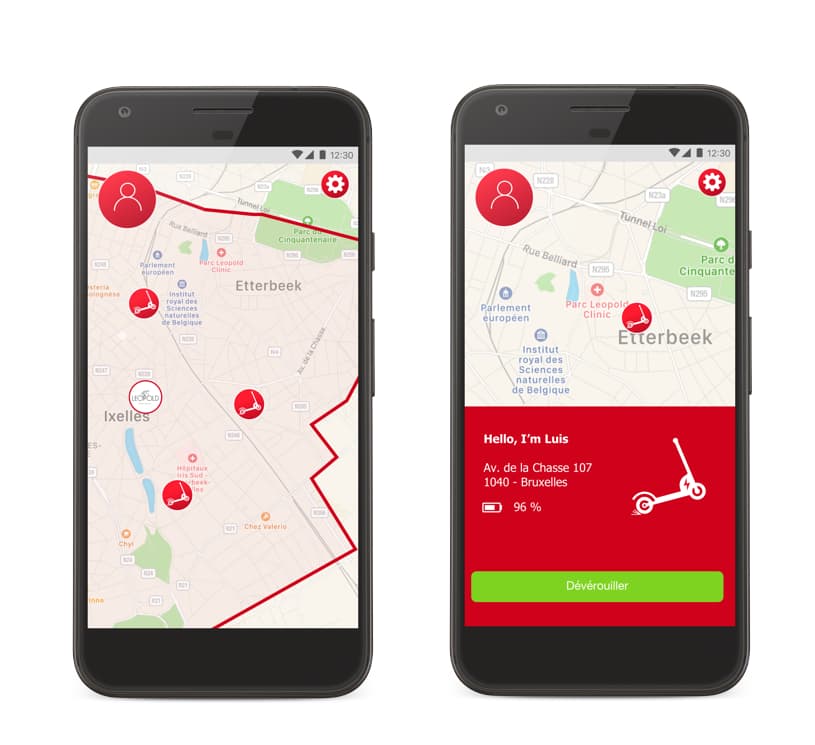 Two smartphones showing scooter sharing app screens Twee smartphones met een gedeelde scooter-appkaart en ontgrendelscherm