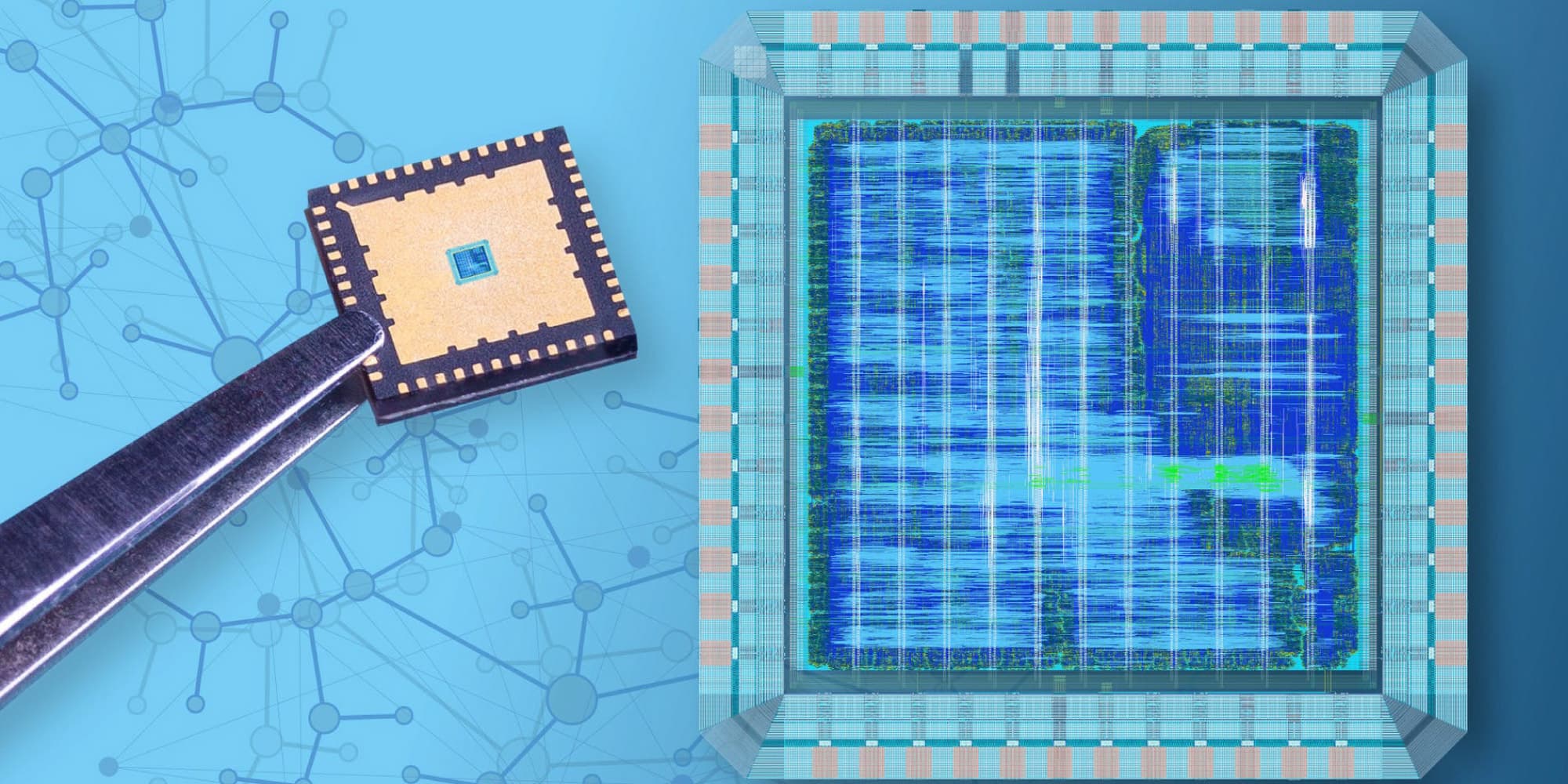 ubrain-image-header Tweezers hold a tiny microchip beside a stylized chip diagram on a blue network background.