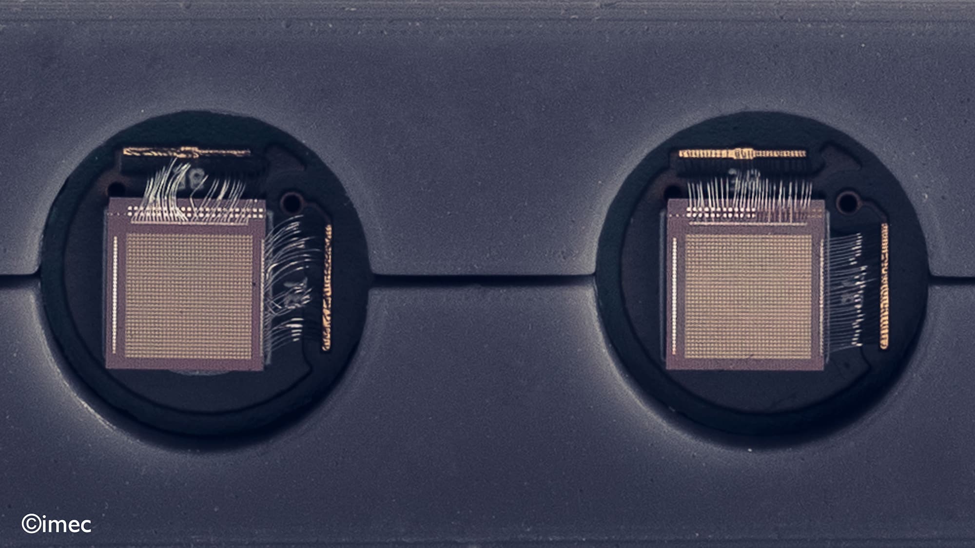 ultrasound-probe-using-2-PMUT-chips002-2 Twee vierkante microchip-sensorarrays gemonteerd in cirkelvormige behuizingen