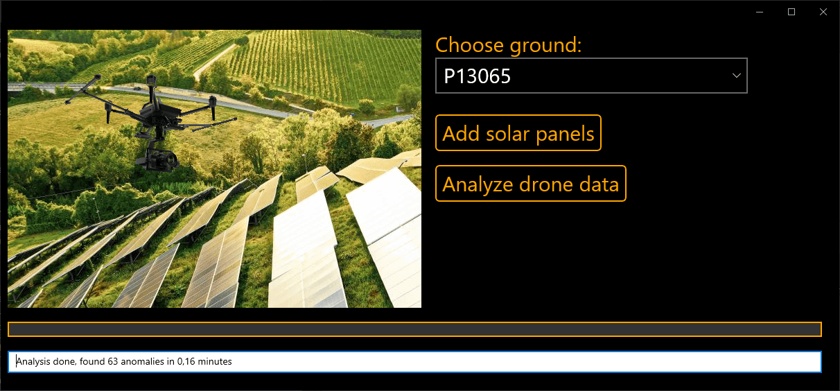 UserInterface Drone die een zonnepanelenpark inspecteert in een softwaredashboard