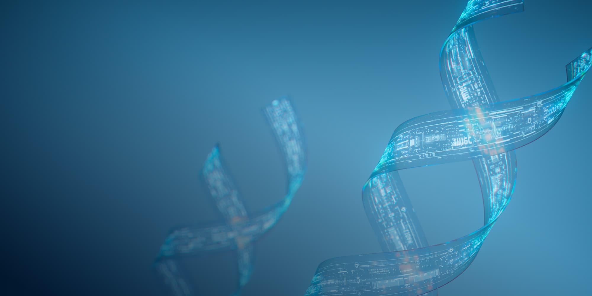 USHEALTHWORKSHOP_visual_2000x1000_FINAL Stylized DNA double helix made of glowing circuit patterns on a blue background