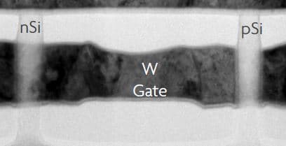 Vertical_nanowire_FET_-_TEM_-_header_0 Transmission electron microscopy view of vertical nanowires with a labeled W gate between nSi and pSi regions.