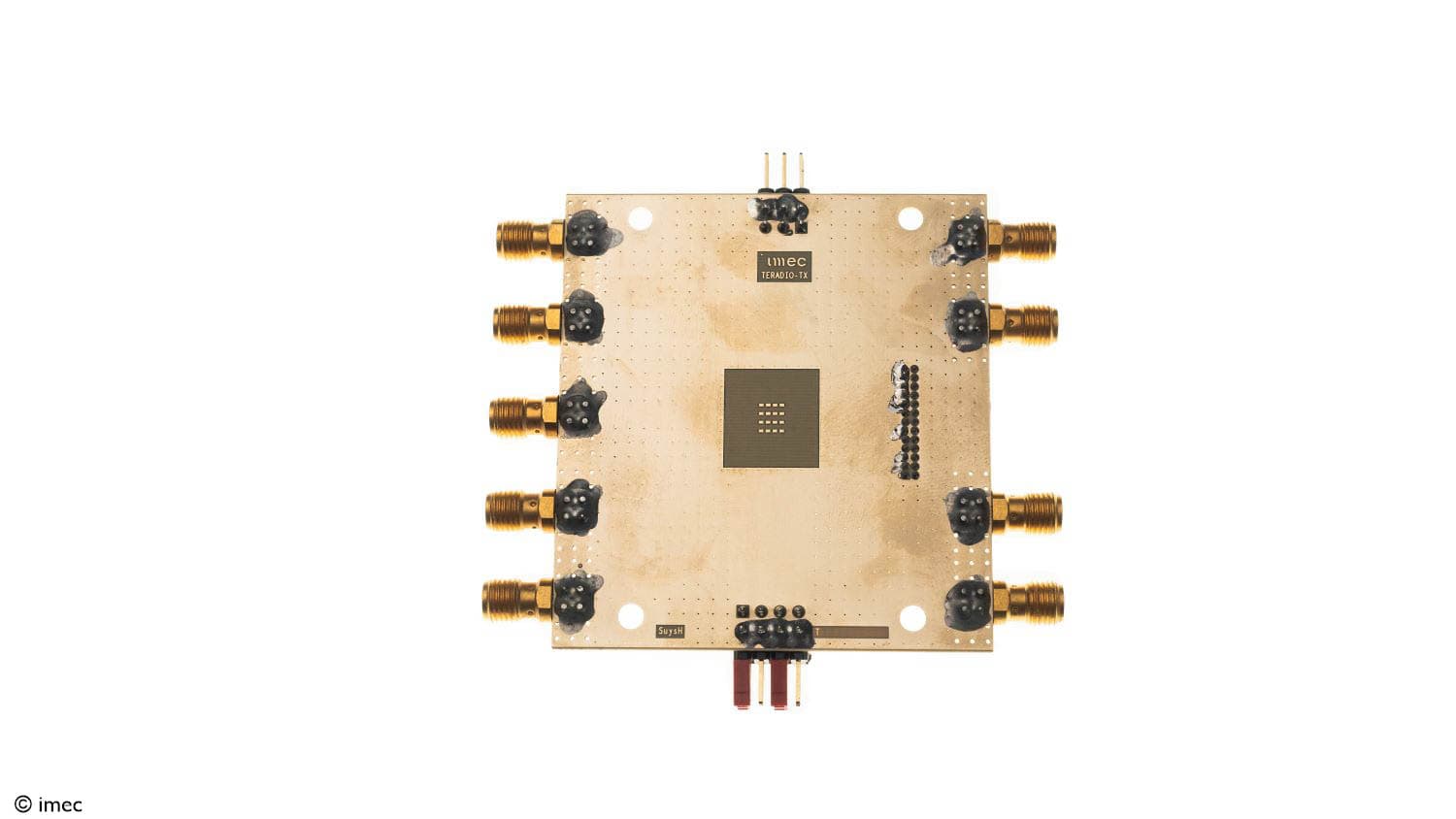 Imec beamforming transmitter circuit board Imec beamforming transmitter circuit board with multiple RF connectors around a central chip