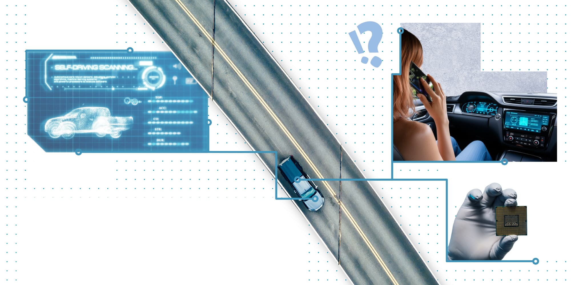 Wat-als-binnenkort-een-supercomputer-ons-van-A-naar-B-brengt Collage van een zelfrijdende auto, een weg van bovenaf gezien, een bestuurder die een telefoon gebruikt en een gehandschoende hand die een chip vasthoudt