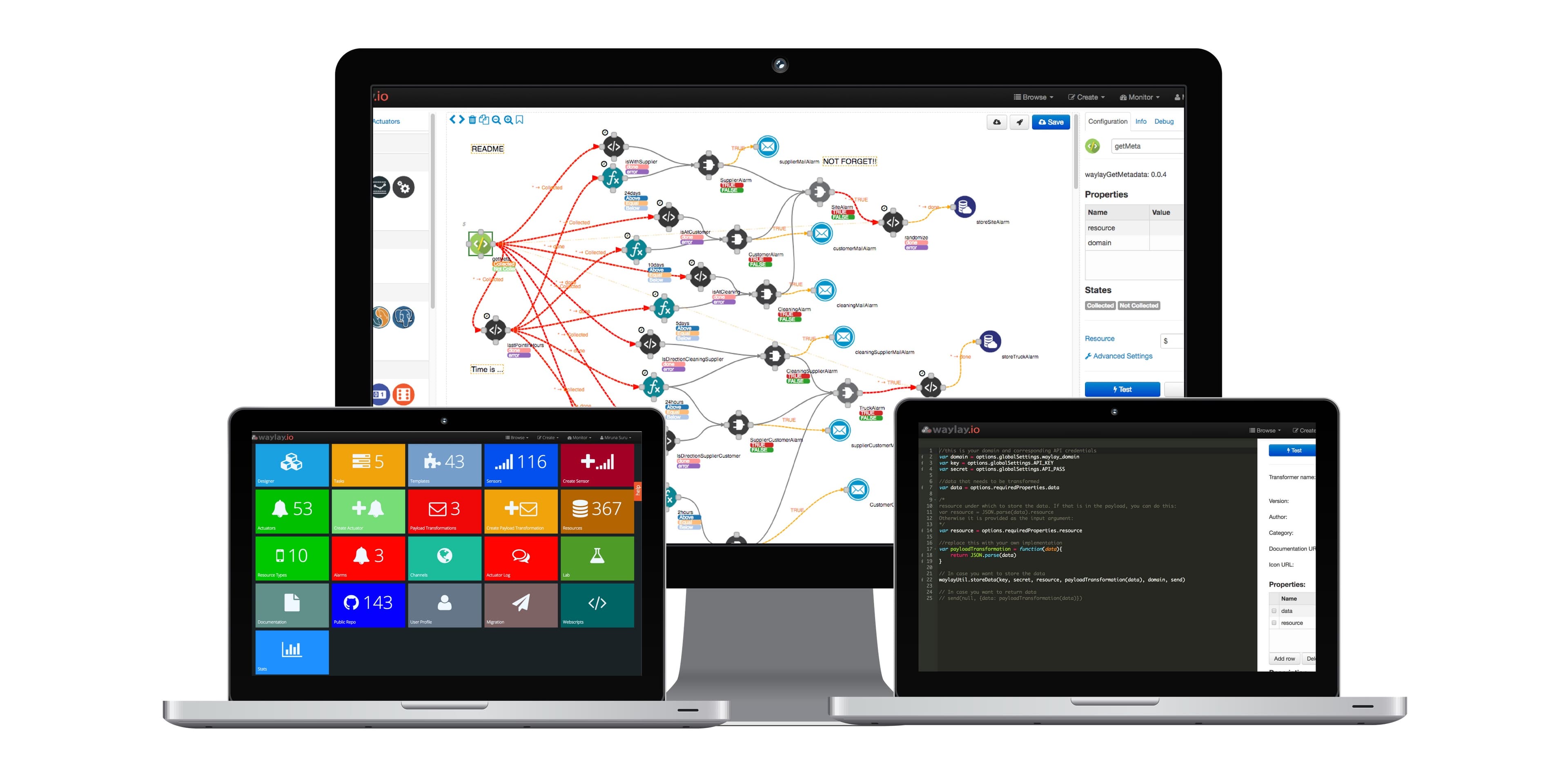 Waylay_Software_Impression Drie laptops en een monitor tonen Waylay-softwaredashboards en workflowdiagrammen voor IoT-automatisering.