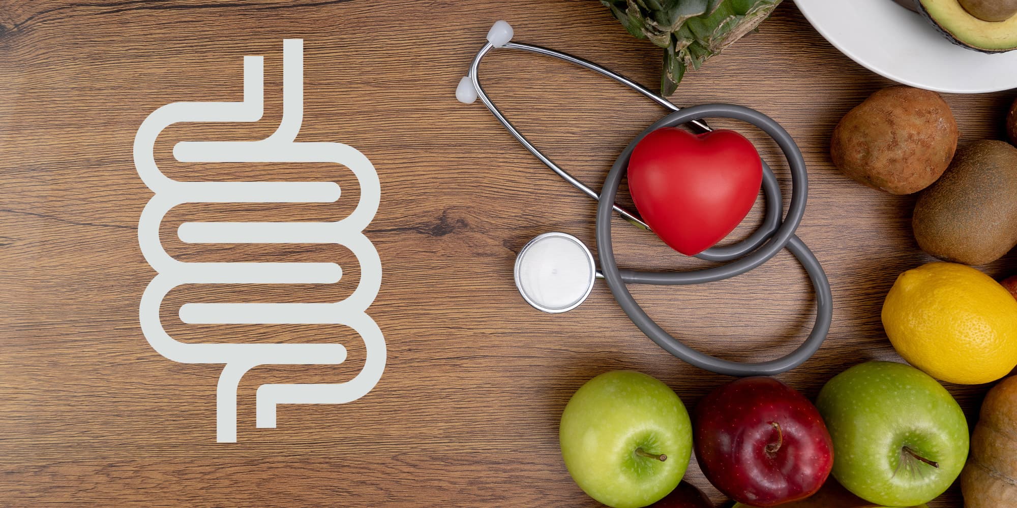 website_headers_2000x1000px Stylized gut icon beside a stethoscope and heart, surrounded by fruit on a wooden table