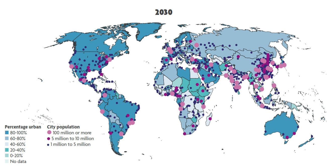 wereldkaarthertekend Wereldkaart met verstedelijkingsgraden en stedelijke bevolkingsgroottes geprojecteerd voor 2030