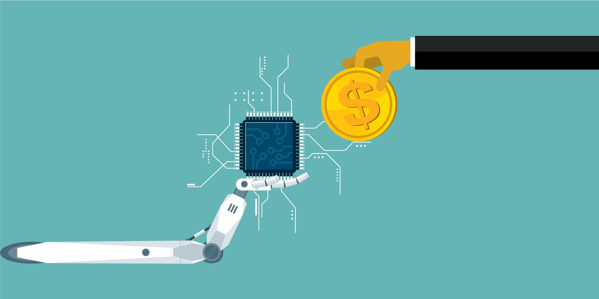Whats-the-true-price-of-an-ASIC Robotic arm holding a microchip while a hand drops a coin above it, suggesting ASIC costs.