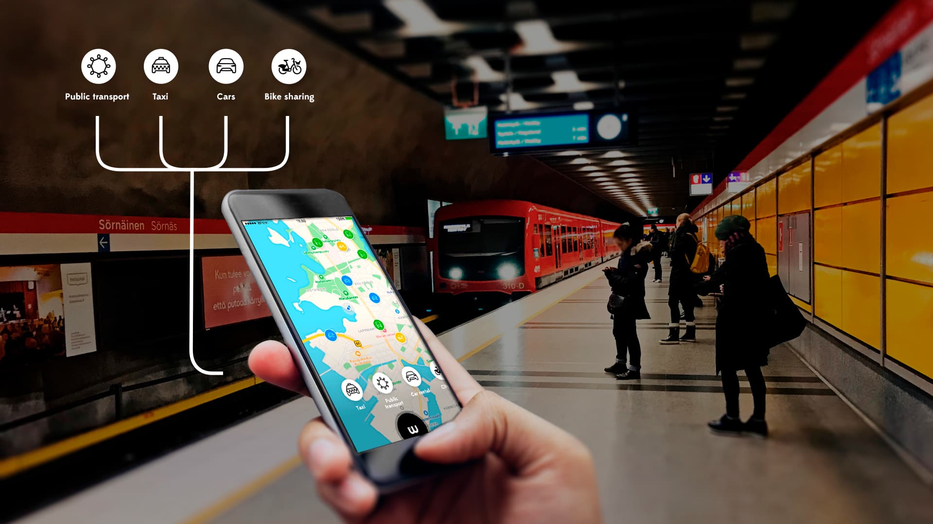 whim-metro-horz_goedkeuring Hand die een smartphone vasthoudt met een mobiliteitsapp boven een metroperron, met opties voor openbaar vervoer, taxi, auto- en deelfiets.