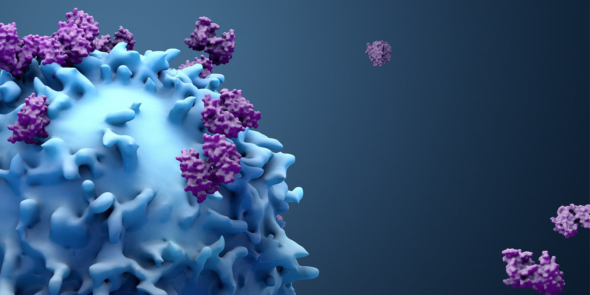 White%20paper%20cell%20therapy Stylized cell surrounded by purple protein clusters on a dark blue background
