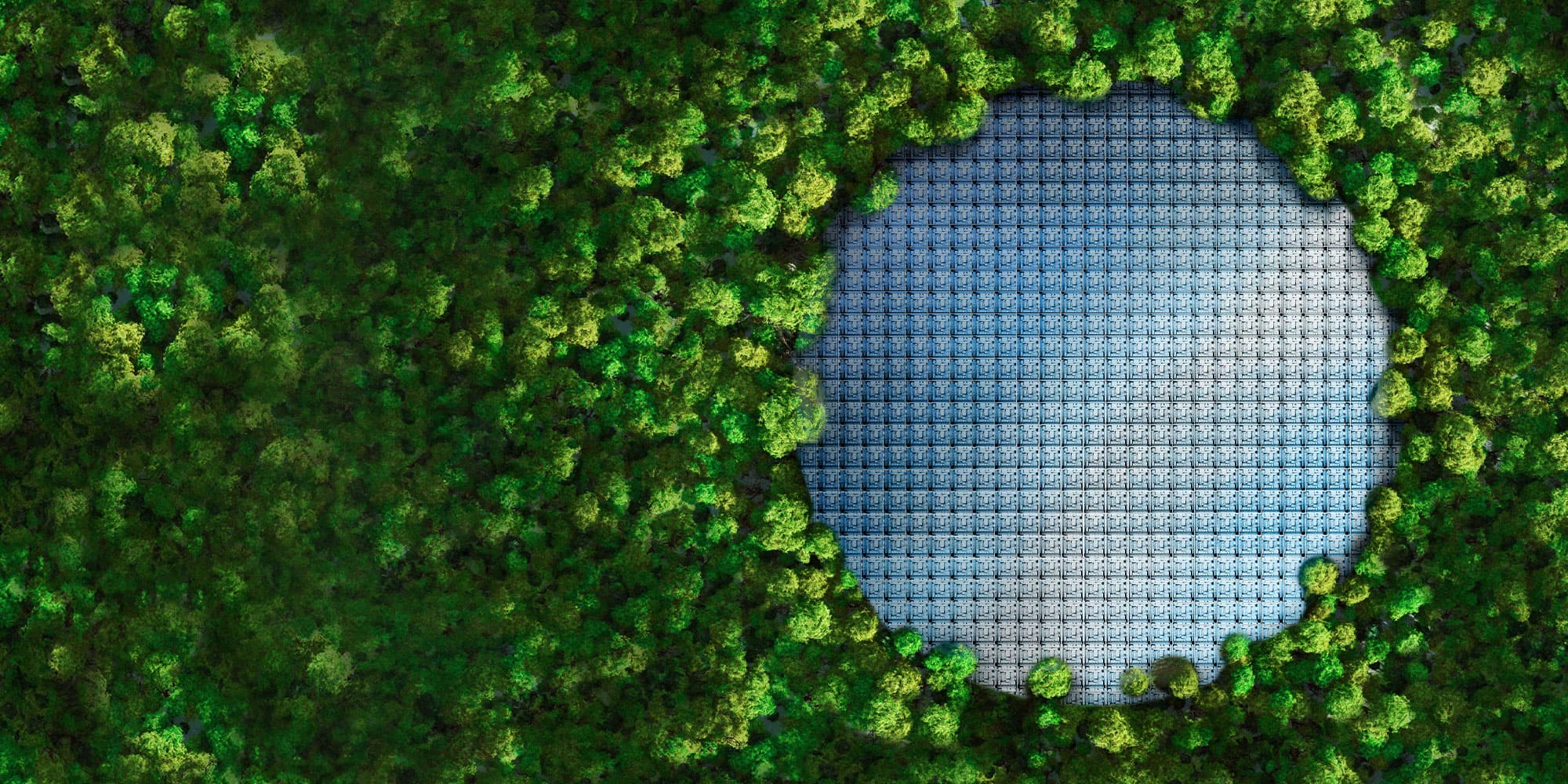 Aerial view of forest with circular microchip tile field Aerial view of a forest surrounding a circular field of blue microchip-like tiles