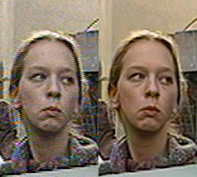 WitteMars_0 Split-screen comparison of a noisy archive video frame and a clearer restored version of a woman’s face
