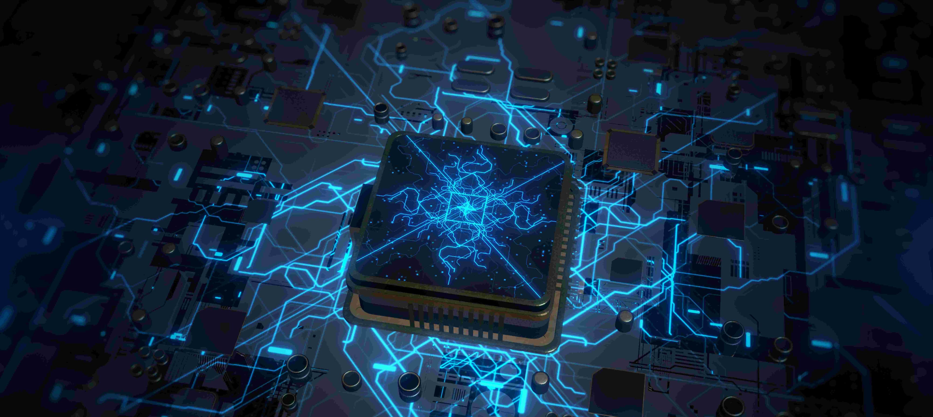 XTCO Glowing blue circuit traces radiate from a central microchip on a dark motherboard