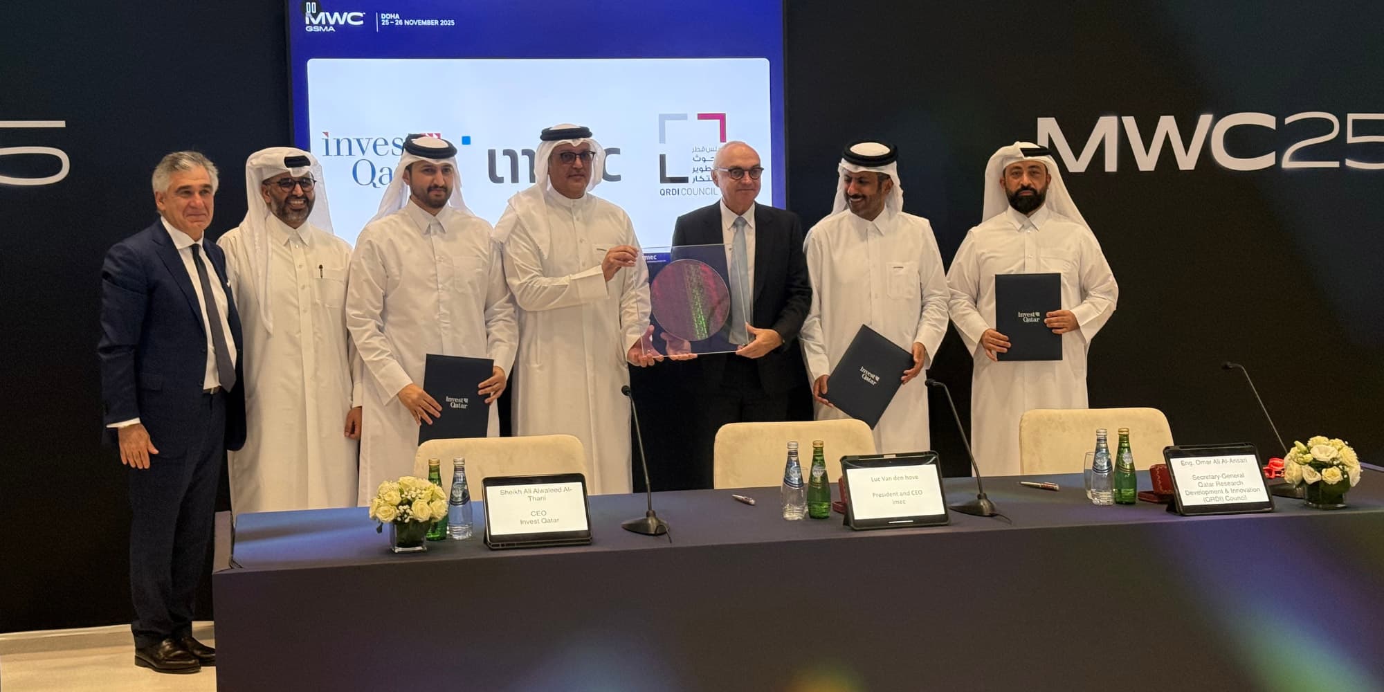 PR_Qatar Group of officials at a signing ceremony for imec Qatar at MWC Doha, with Invest Qatar and imec leaders holding folders.