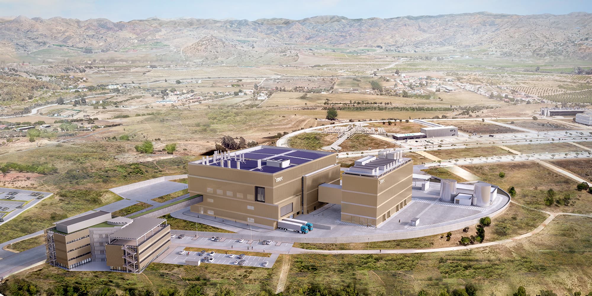 spain-office-render-001 Aerial render of imec’s planned semiconductor facility in a rural landscape with surrounding buildings and roads
