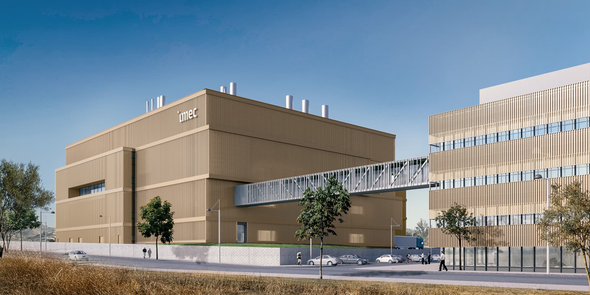 spain-office-render-003 Architectural rendering of imec’s future Málaga facilities, with two modern beige buildings linked by a skybridge.