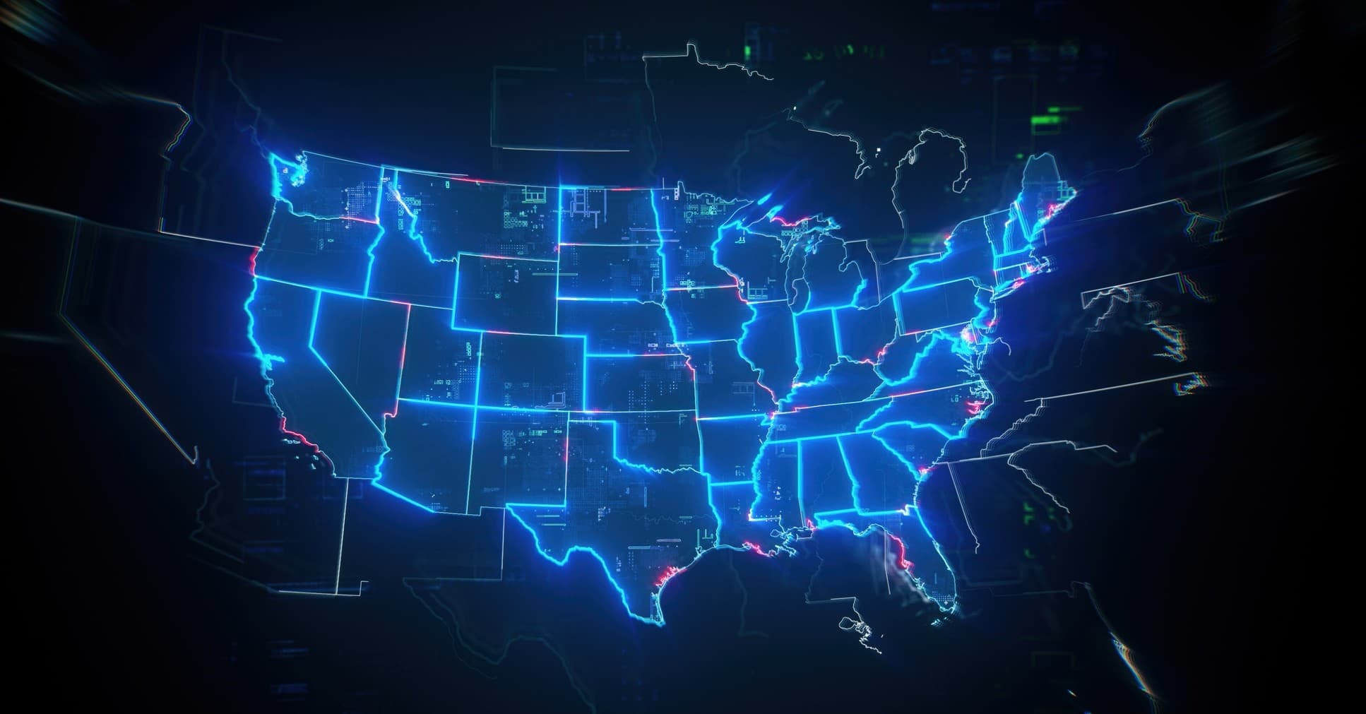 Glowing digital map of the United States Glowing digital map of the United States with neon state outlines and circuit-like details