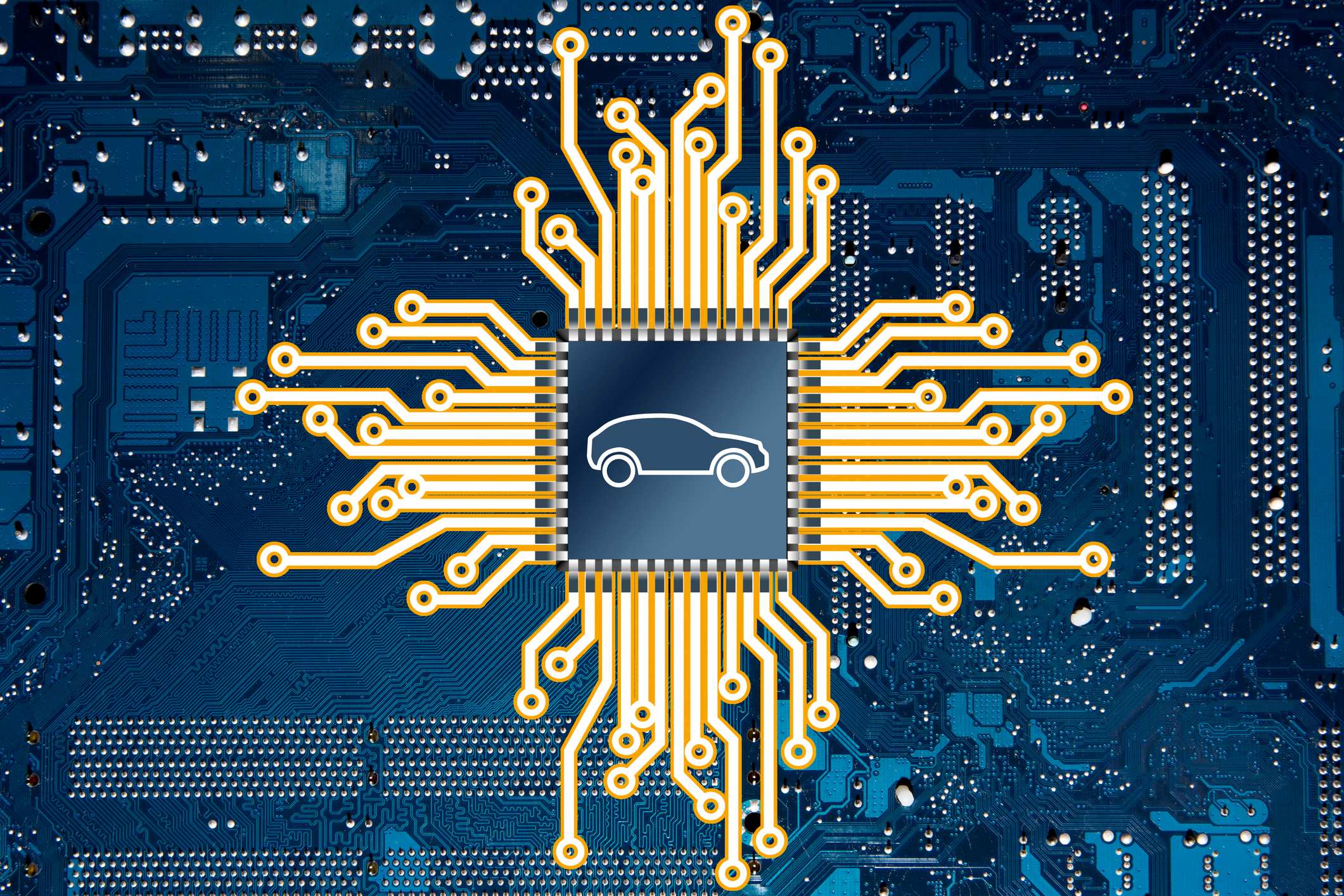 Stylized microchip with car icon on motherboard background Stylized microchip with a car icon at the center and circuit lines radiating across a blue motherboard background